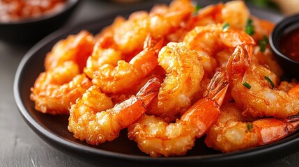 Delicious Japanese tempura shrimp served with dipping sauce on a white background