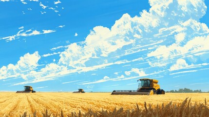 Fototapeta premium Golden Harvest Under a Summer Sky: A Peaceful Farmland Scene
