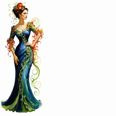 woman in floral ornate dress decoration vector illustration with white area