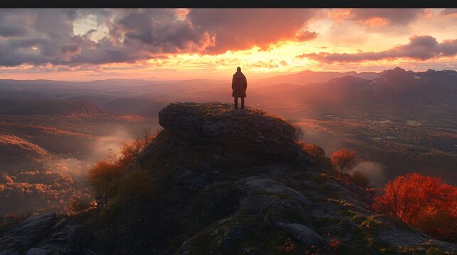 Man Standing on Ryten Mountain Peak Overlooking Fjords