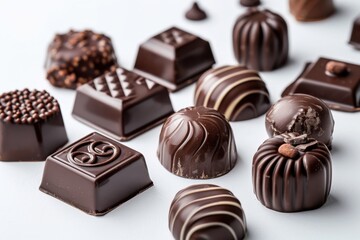 Obraz premium Collection of chocolate candies with decorative toppings on a white background, with full depth of field, focusing on the intricate details