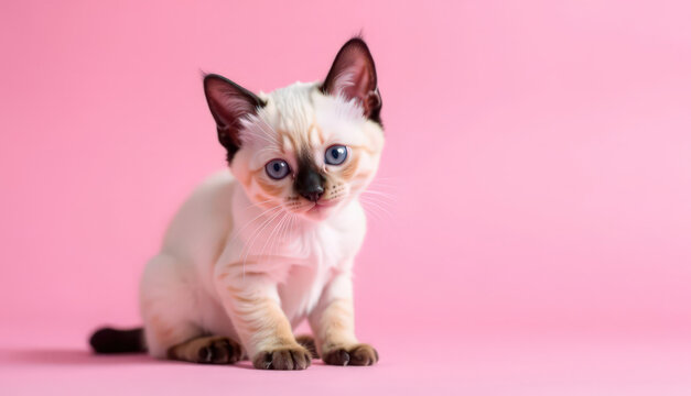 Portrait of cute Siamese kitten with pink little Vov he some he clean vnit background on left side