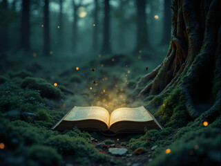 Mystical Forest Scene with Glowing Antique Book and Firefly Sparks at Dusk under Moonlight