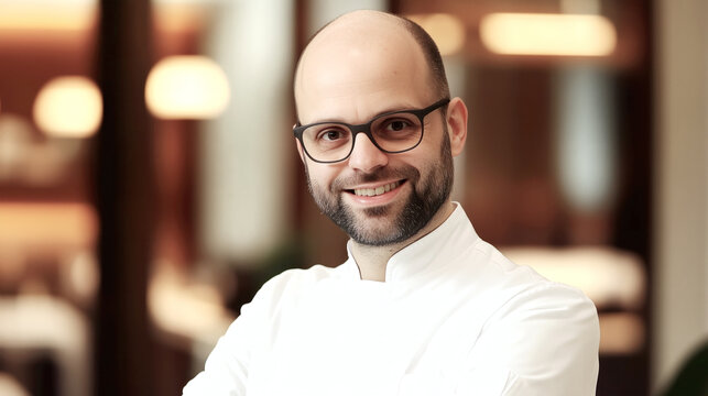 A cheerful chef with glasses and a beard stands in a professional kitchen, ready to create culinary masterpieces cooking