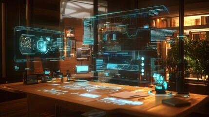 Futuristic workspace with advanced holographic technology interfaces