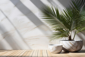 Pared blanca y cuenco de m&aacute;rmol , luz solar suave y hermosa, sombra de hojas de follaje de palma tropical en la pared para cosm&eacute;ticos org&aacute;nicos de higiene de lujo, cuidado de la piel, fondo