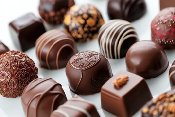 Collection of chocolate candies with decorative toppings on a white background, with full depth of field, focusing on the intricate details