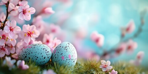Fototapeta premium Spring blossoms with colorful speckled eggs beside cherry flowers on a soft green background