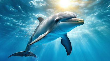 Underwater view of a dolphin swimming in the sea, sun is shining through the water surface.