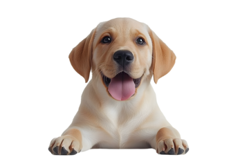 Handsome 3 months old Labrador dog puppy, laying down facing front with tongue out. Looking towards camera. Isolated cutout on a transparent background.