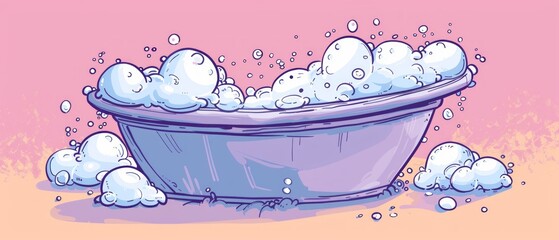 Fun illustration of a bathtub filled with foam, with bubbles, evokes associations with relaxation and self-care, suitable for advertising cosmetics, spas and health blogs.