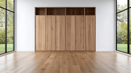 Modern minimalist interior showcases spacious wooden cabinet against bright windows with outdoor greenery providing a serene atmosphere and natural light