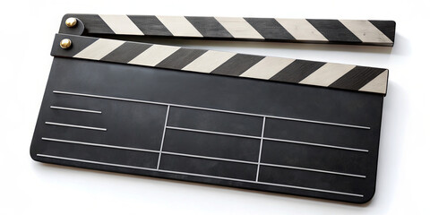 Fototapeta premium A clapperboard sits on a clean surface, ready for the next take in a film studio. The classic black and white design is iconic in the movie-making industry