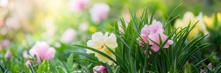 Fototapeta premium Soft-focus spring garden with pink and yellow flowers glowing in sunlight