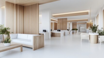 Fototapeta premium White and wooden open space office with a blank white wall, a row of soft comfortable sofas and computer desks in the background. 3d rendering mock up