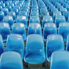 Naklejka premium Blue plastic chairs in rows with metal legs on a matching blue background, showcasing repetition and simplicity in design.