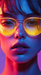 Obraz premium Vibrant Portrait of Stylish Young Woman in Neon Sunglasses
