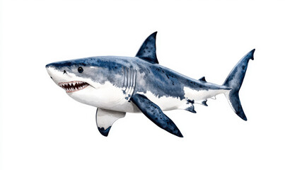 Obraz premium Realistic Illustration of a Great White Shark Swimming Gracefully in Clear Ocean Waters with Detailing on Fins, Teeth, and Body Features