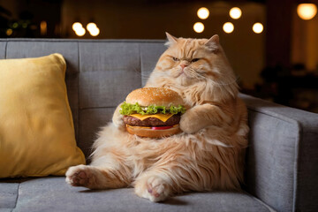 Fat Cat Holding a Burger on Couch