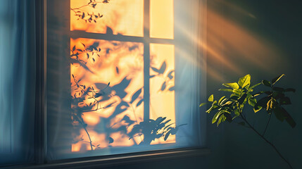 Sunlight streaming through a window, casting shadows of leaves on a wall, creating a serene atmosphere