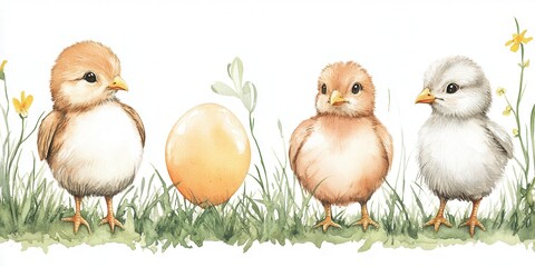 Naklejka premium Three little chickens stand beside an egg, surrounded by green grass, creating a serene and charming scene of nature's beauty.