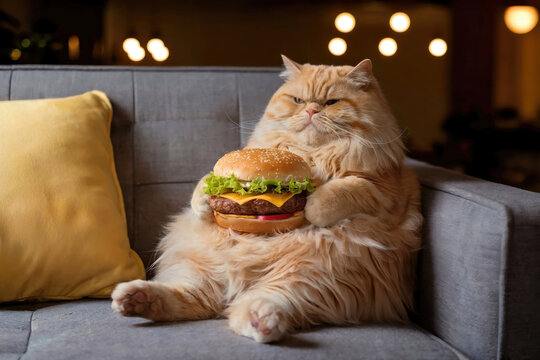 Fat Cat Holding a Burger on Couch - Powered by Adobe