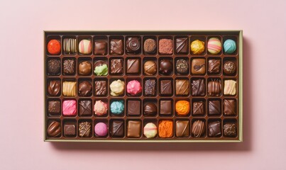 A colorful array of chocolates in an elegant box on a gentle pink background, great for celebrations, gifts, and sweet treats, making it perfect for food photography.