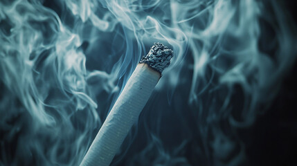 A cigarette burns with thick swirling smoke rising against a moody blue-toned background symbolizing addiction and health risks dramatically

