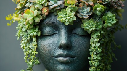 Obraz premium Cheerful face pot with cascading succulents on a white background