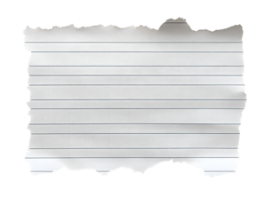 torn out piece of lined block sheet, isolated on white background, cutout