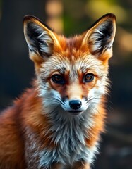 Fototapeta premium Close up of female red fox with vivid fur and focused gaze against blurred woodland
