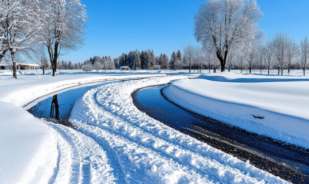 Serene Winter Landscape with Curved Snow-Covered Path, Tranquil Snowy Scene, Bright Blue Sky and Frost-Covered Trees in a Peaceful Nature Setting