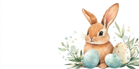 Obraz premium A charming watercolor painting featuring a rabbit surrounded by colorful eggs, capturing the essence of spring and festive celebrations.