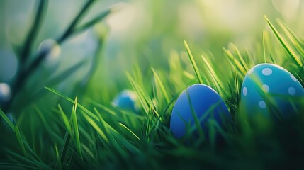   Two blue eggs rest side by side on a patch of green grass with white polka dots