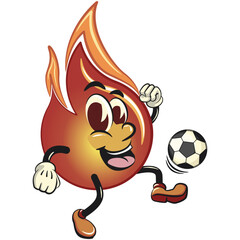 cute fire vektor illustration mascot character playing football or soccer, work of hand drawn