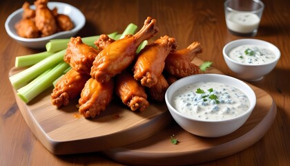 Fototapeta premium Spicy buffalo wings with crunchy celery and a creamy blue cheese dressing