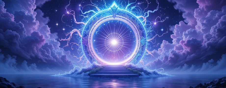 A stunning portal radiates blue light, surrounded by swirling clouds and calm water. The scene depicts an enchanting atmosphere under a starry night sky