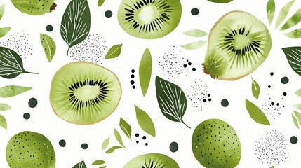   A watercolor image of kiwis with foliage and polka dots against a white canvas, accented by black speckles