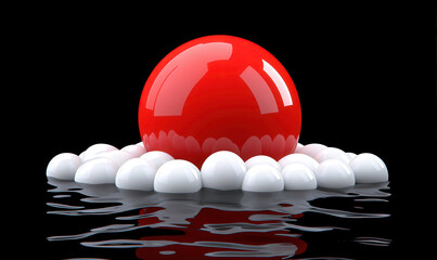Naklejka premium Glossy Red Sphere on a Cloud of White Spheres Reflecting on Water Surface in Tranquil Dark Setting for Abstract and Minimalist Themes