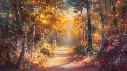 Obraz premium A path through the woods covered with fallen autumn leaves