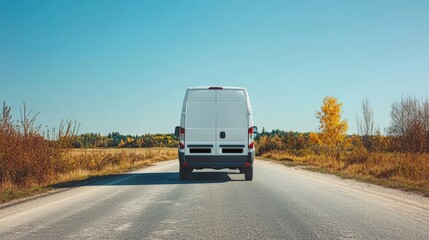 Commercial Delivery Van on Open Road in Autumn Landscape