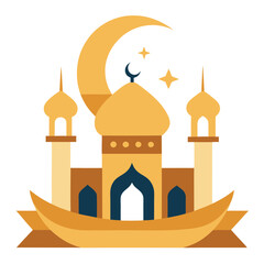 Ramadan Kareem banner, poster, greeting card, cover design with mosque, crescent moon, stars and typography in flat geometric style. vector illustation