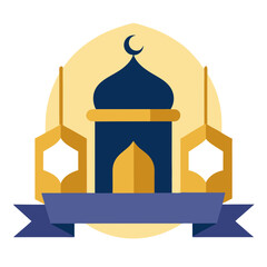 Ramadan Kareem banner, poster, greeting card, cover design with mosque, crescent moon, stars and typography in flat geometric style. vector illustation