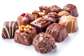 Fototapeta premium Collection of chocolate candies with decorative toppings on a white background, with full depth of field, focusing on the intricate details