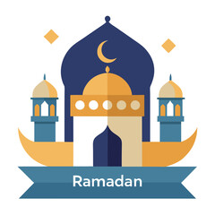 Ramadan Kareem banner, poster, greeting card, cover design with mosque, crescent moon, stars and typography in flat geometric style. vector illustation