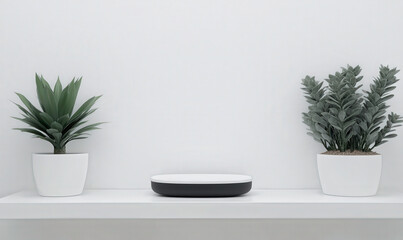 Modern Minimalist Decor Featuring Two Potted Plants and a Sleek Device on a Clean White Shelf Against a Bright Wall Background