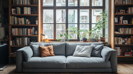 Cozy sofa with a bookshelf under a window, living room interior design.