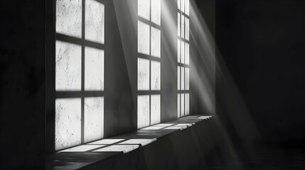 Sunlight streaming through large industrial windows, illuminating a dimly lit room with shadows