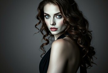 Fototapeta premium Glamorous woman in black evening gown with high neckline and flowing train