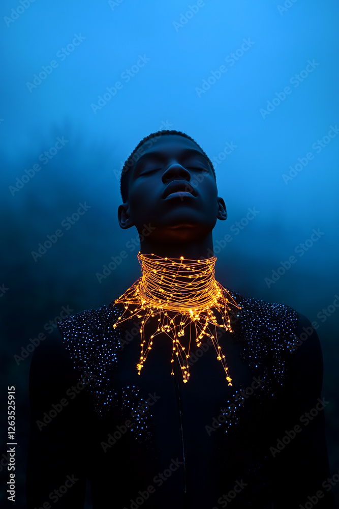 Wall mural A man wearing a necklace with glowing beads